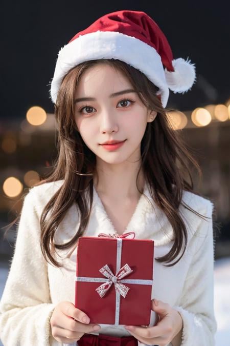 1girl, solo, wearing santa claus outfit, christmas theme, snow christmas background in the morning , mature body, upper body, holding red box of present,