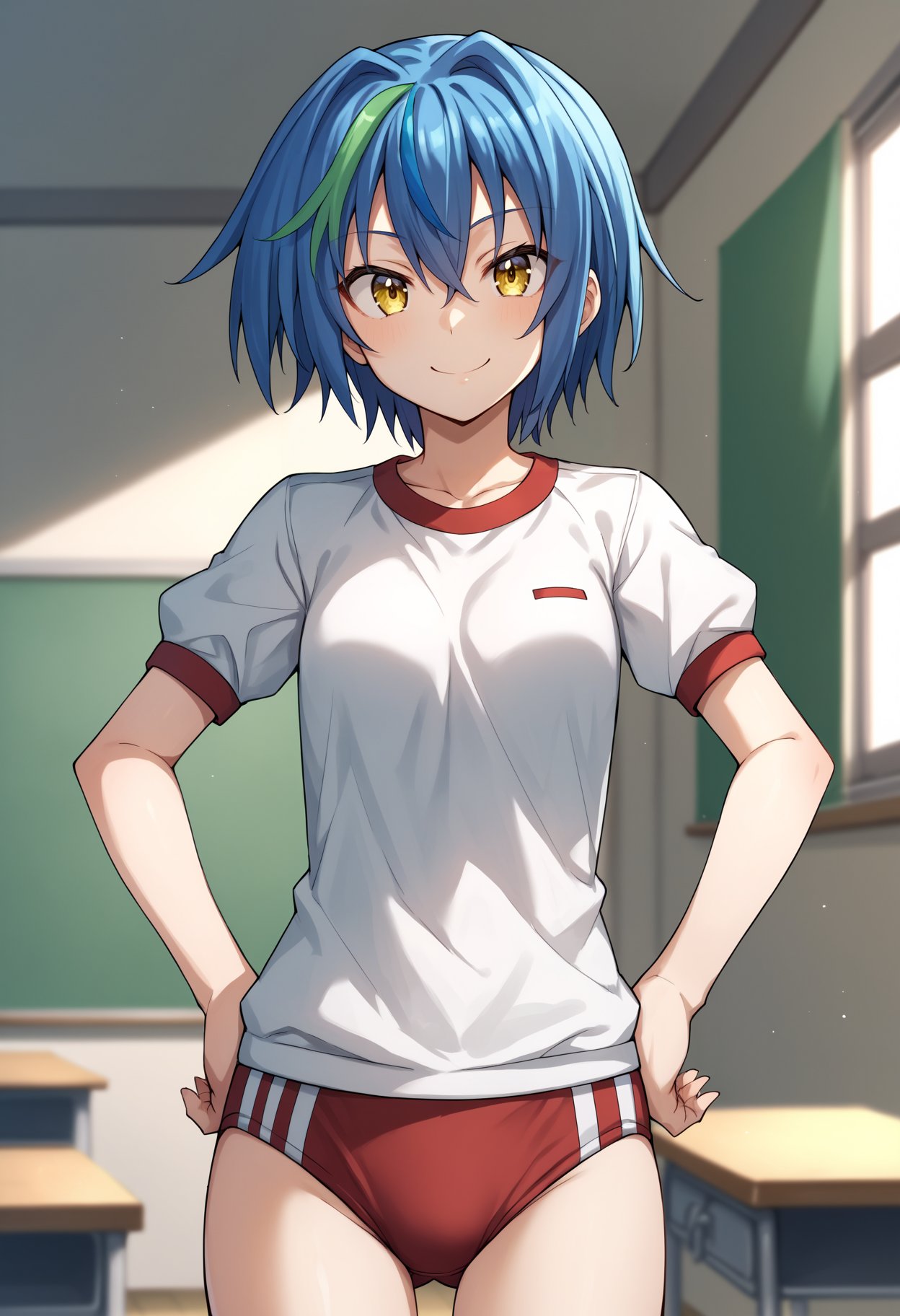 score_9, score_8_up, score_7_up, score_6_up, score_5_up, score_4_up, BREAK, source_anime,1girl, xenovia, blue hair, streaked hair, hair between eyes, short hair, yellow eyes,gym uniform, white shirt, red buruma, smile, hands on hips, standing, solo, looking at viewer, indoors, classroom background <lora:XenoviaXL:1>