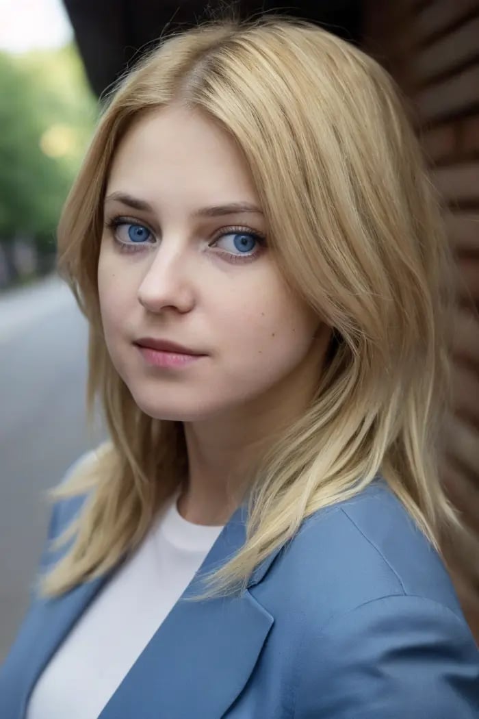 a picture of natpok woman,mid-twenty, blonde hair,detailed skin, surface scattering, bokeh, skin pores,  city streets,wearing a uniform,outdoors, looking at viewer ,(subtle smile:0.5),  <lora:natpok (5):1> blue eyes