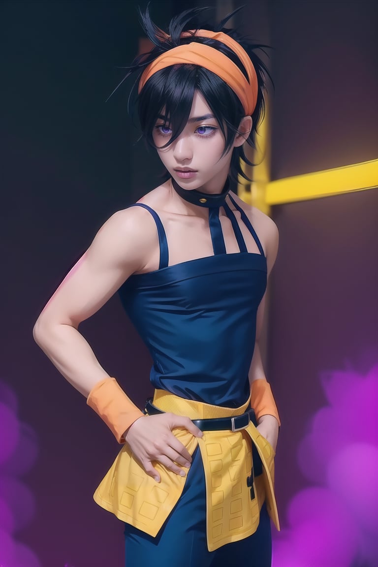 narancia,  solo,  simple background,  black hair,  1boy,  bare shoulders,  purple eyes,  upper body,  male focus,  sleeveless,  headband,  messy hair,  teen,  official style,  cosplay photo,  wristband,  belt,  hand on hip,  bokeh,  background blur,  outoors,  aesthetic, <lora:EMS-170094-EMS:0.8>