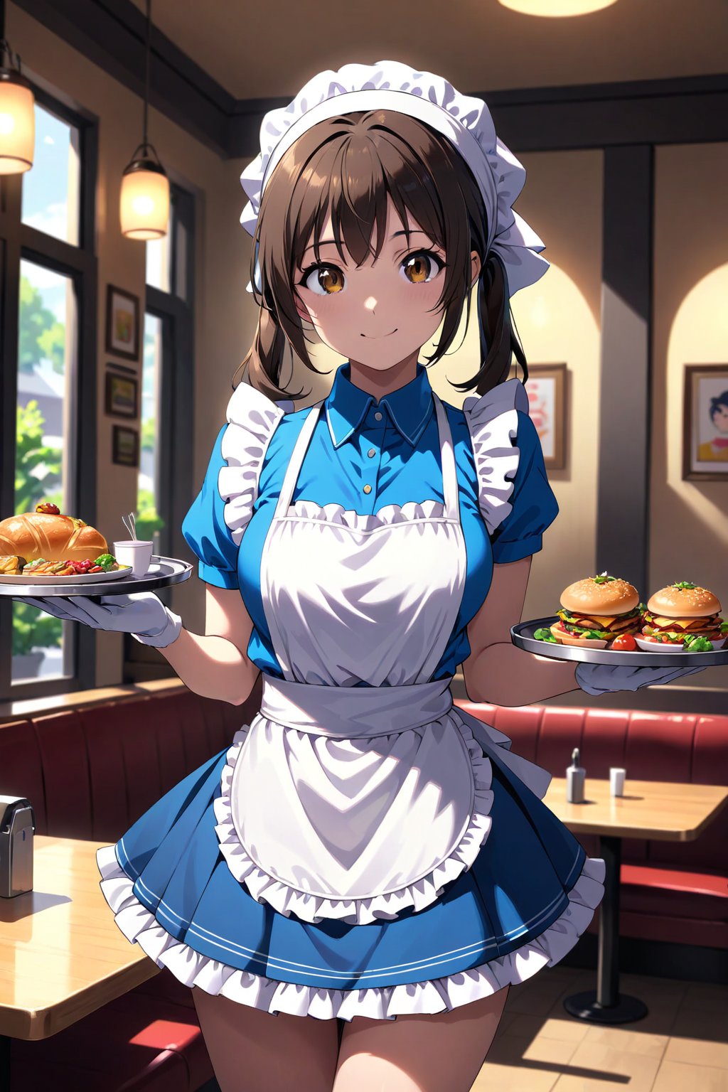 cowboy shot, sunohara shizuka, 1girl, sidelocks, brown eyes,  twintails, smile, apron, blue shirt, blue skirt, frilled apron, frills, gloves, head scarf, shirt, short sleeves, skirt, uniform, waist apron, waitress, white apron, white gloves, food, tray, food tray, indoors, restaurant, looking at viewer, dutch angle, cowboy shot, vibrant lighting, high contrast, dramatic shadows, highly detailed, detailed skin, depth of field, masterpiece, best quality, expressive eyes, perfect face, perfect body, beautiful girl, cute girl, <lora:sunohara shizuka hask 728 2:1>