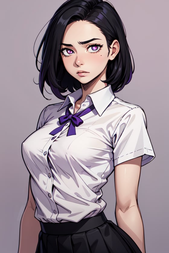 masterpiece,best quality,upper body,1girl,collared_shirt and flared_skirt as material2,purple theme,swapnote \(medium\),trim marks,black hair,small breasts,x-shaped pupils,worried,sideways