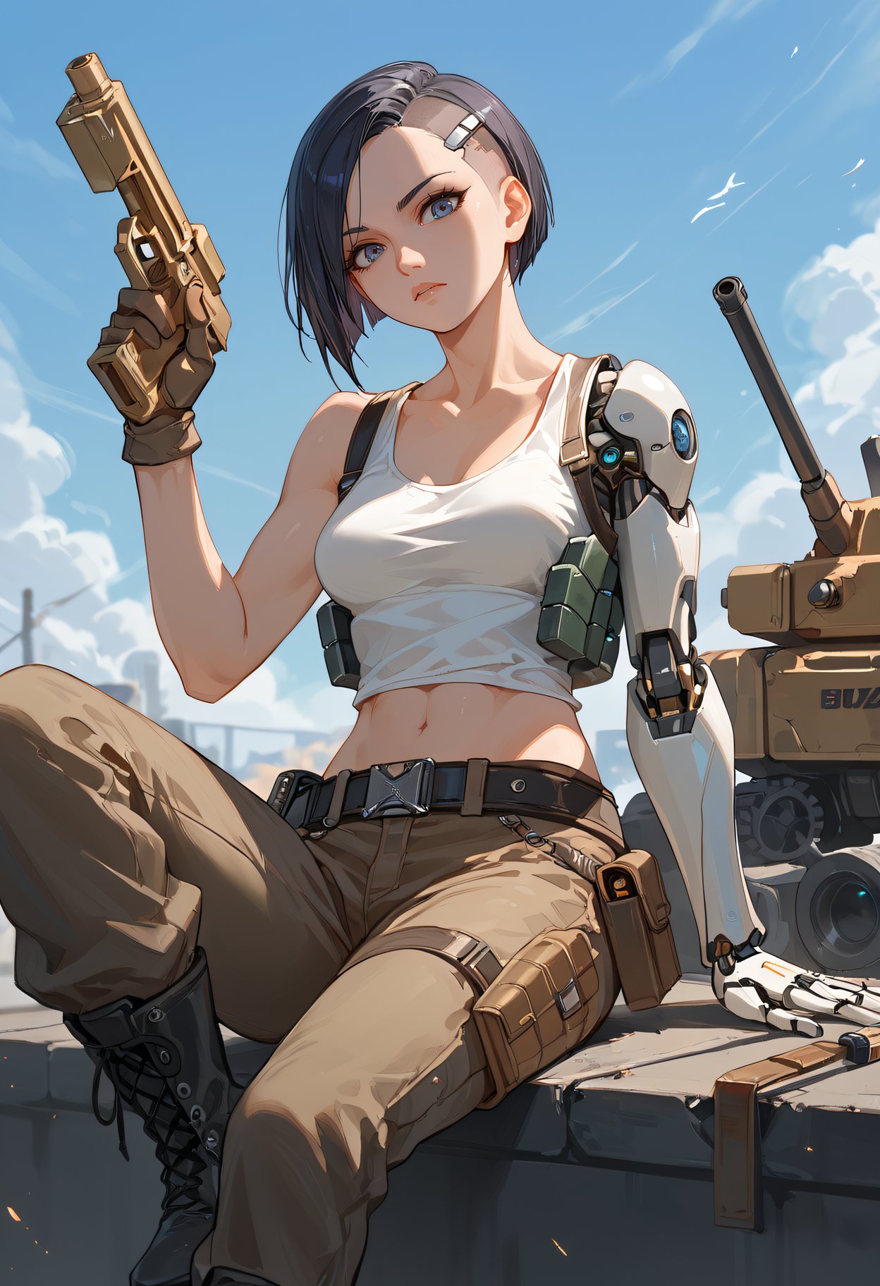 score_9, score_8_up, score_7_up, BREAK 1girl, solo, breasts, looking at viewer, short hair, gloves, sitting, weapon, boots, sky, midriff, belt, pants, gun, tank top, very short hair, mechanical arms, single mechanical arm, buzz cut