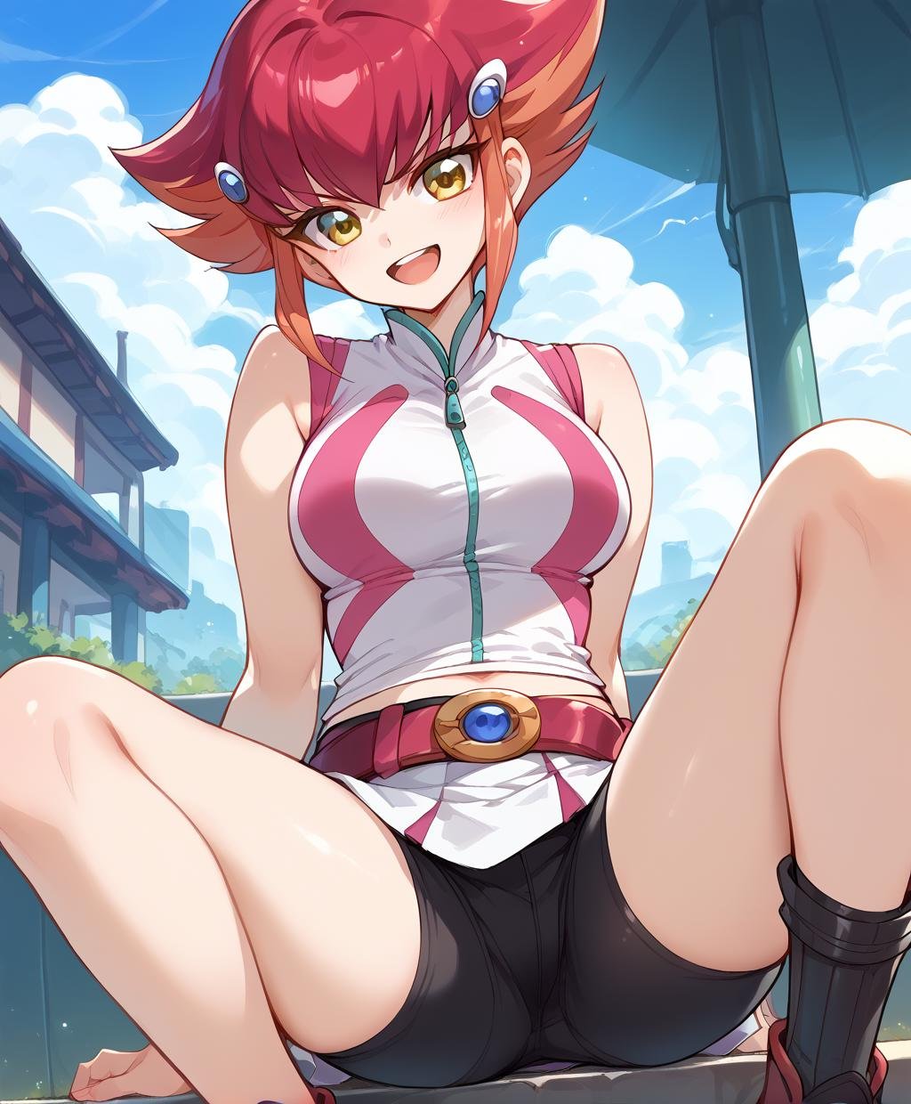 score_9,score_8_up,score_7_up,score_6_up,score_5_up,score_4_up,close-up,1girl,solo,<lora:anna(yugioh)_pony:1>,anna(yugioh),shorts,sleeveless,belt,black shorts,bike shorts,zipper,white skirt,sitting,spread legs,smile,open mouth,v-shaped eyebrows,