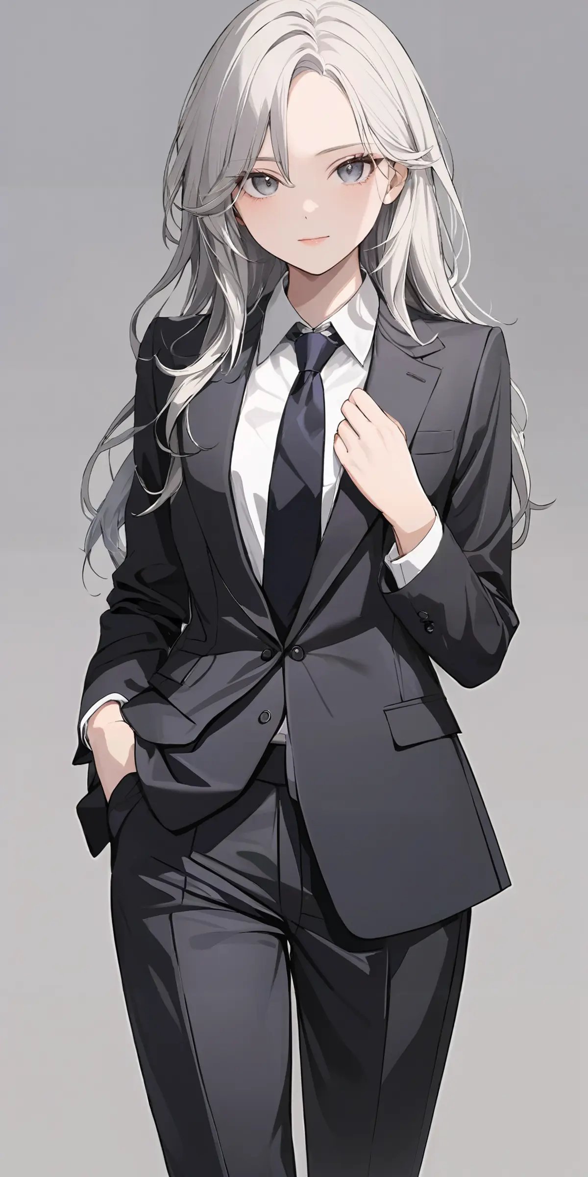 masterpiece,ultra-detailed,best quality,8K,illustration,cute face,clean skin ,shiny hair,girl,ultra-detailed-eyes,simple background, <lora:add-detail-xl:1>  <lora:suit pants_ pony_V1.0:1> suit, necktie,pants