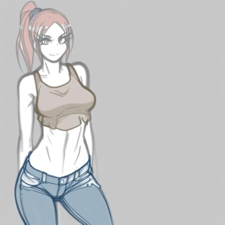 1girl, solo, ponytail, looking at viewer, crop top, jeans, jago_sketch_style