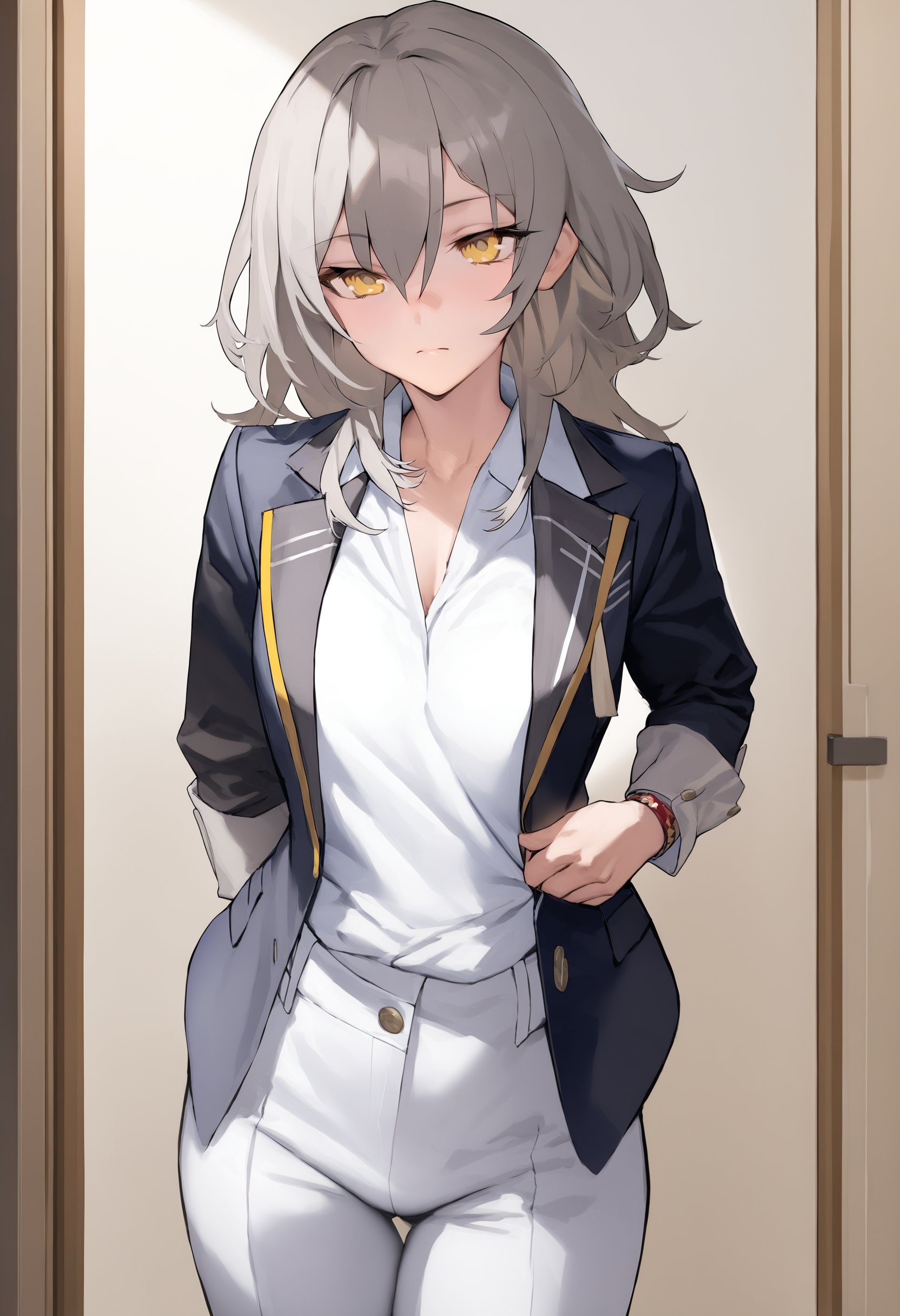 <lora:xl_Stelle(kohaku_delta):1>,stelle is a girl with long gray hair and yellow eyes,white dress,blazer,shirt,Trousers, masterpiece, best quality,