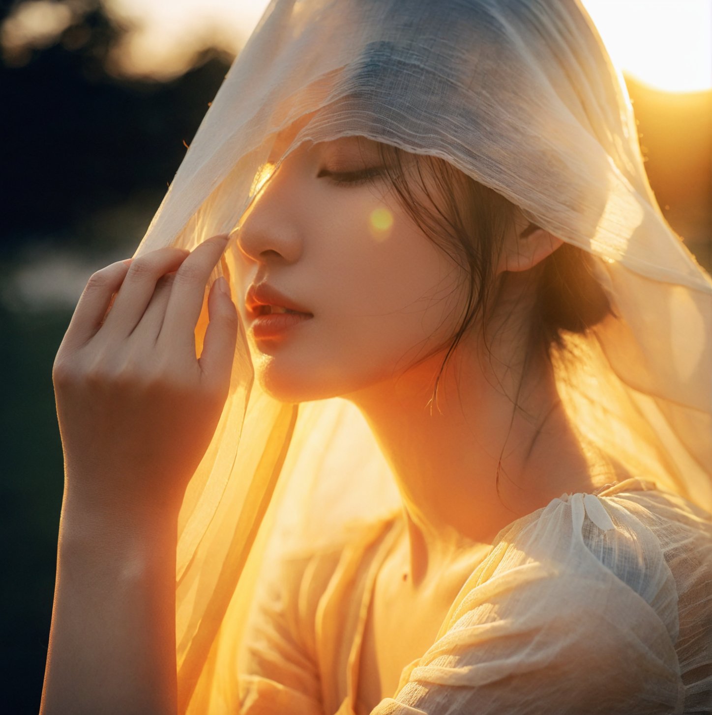 woman, close-up, ethereal, backlit, sheer fabric, Asian ethnicity, serene expression, sunset, warm color tone, golden hour, soft focus, hand on face, contemplative gaze, side profile, youthful, outdoor, natural light, delicate texture, fine art portrait, mystery, elegance, skin glow, fabric texture, hair under veil, nuanced lighting, bokeh background, shallow depth of field, ,<lora:14-000002:0.6>