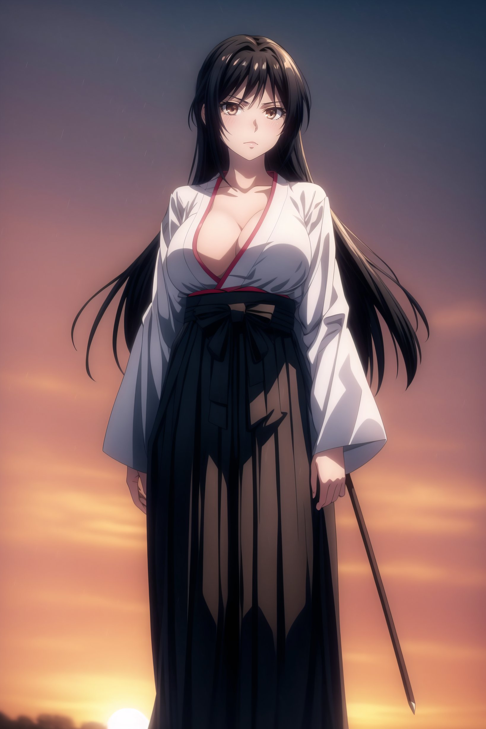 (masterpiece, best quality), <lora:Cal Shekar-lora-Faxtron:0.8> cal shekar, brown eyes, black hair, long hair, large breasts, hadanugi dousa, long sleeves, black hakama,<lora:add_detail:0.8> 