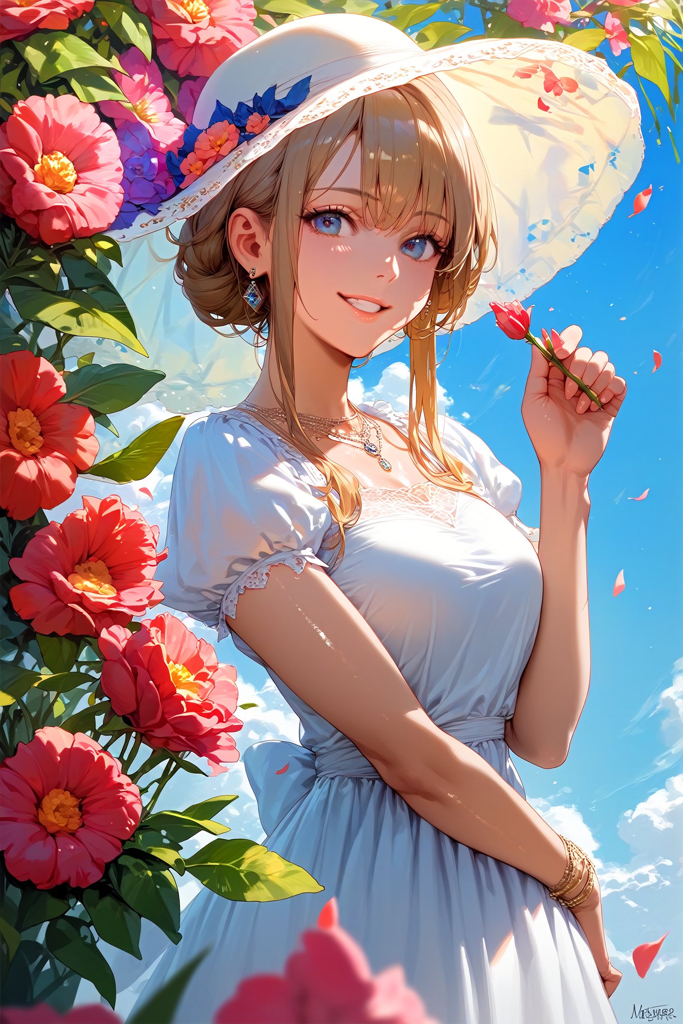 1girl,white_dress,smile,hand up,2023,colorful_background,flower,sky,(score_9,score_8_up,score_7_up), rating_explicit, best quality, masterpiece, 2k,shiny skin reflection,<lora:DetailedEyes_V3:0.8>