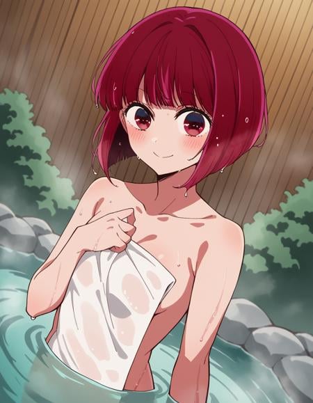 score_9, score_8_up, score_7_up, source_anime,kanaarima, <lora:kana-arima-s1-ponyxl-lora-nochekaiser:1>,kana arima, short hair, bangs, red eyes, red hair, bob cut, smile,nude, naked, outdoors, onsen, towel, naked towel, steam, bathing, nude cover, partially submerged, water, bath, steam censor, wet towel, blush,looking at viewer, cowboy shot, dutch angle, solo,