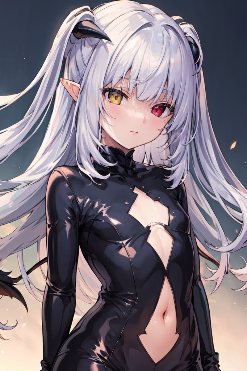 masterpiece, best quality, ultra-detailed, glistening shiny, glowing light, ray tracing, HDR, deph of field, (perfect face, detailed face), 1girl, solo, <lora:ChloeLilithStella:0.8>, chloelilith, flat chest, long hair, two side up, pointy ears, demon girl, demon horns, heterochromia, latex bodysuit, navel,standing, cowboy shot