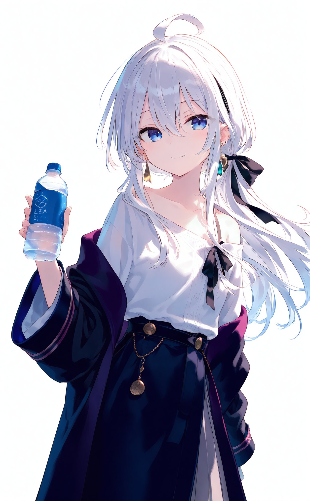 masterpiece,best quality,high quality,(colorful),loli,Artist azuuru,1girl,elaina \(majo no tabitabi\),solo,blue eyes,ahoge,long hair,earrings,bottle,jewelry,white background,holding,looking at viewer,smile,off shoulder,holding bottle,white hair,white shirt,collarbone,shirt,simple background,ribbon,hair between eyes,long sleeves,closed mouth,hair bow,water bottle,black coat,bow,wide sleeves,skirt,ponytail,high-waist skirt,black ribbon,coat,hair ribbon,