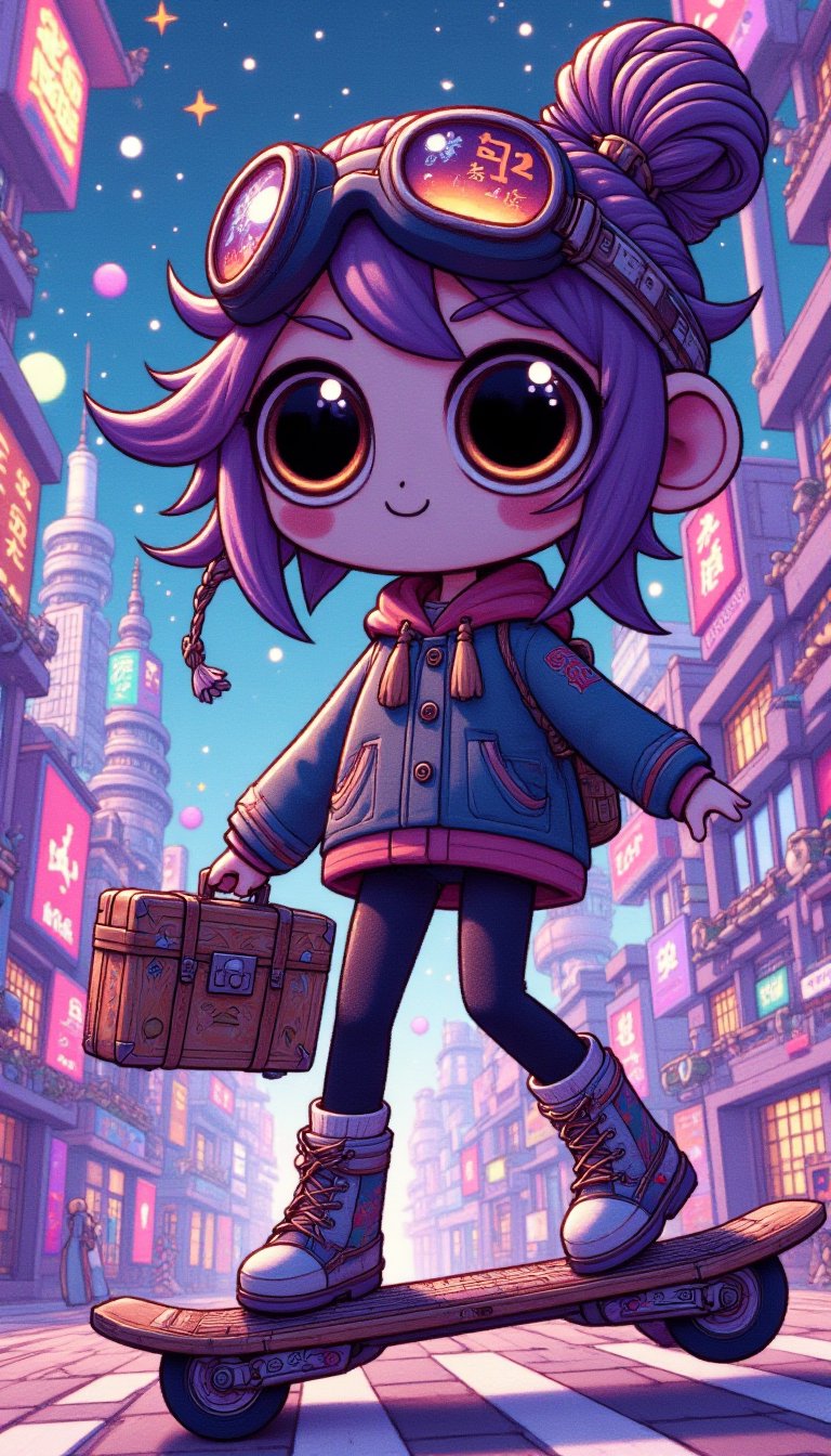 A 3D render of A woman with purple dreadlocks wearing goggles riding a hoverboard across a neon-lit cityscape holding a futuristic briefcase.