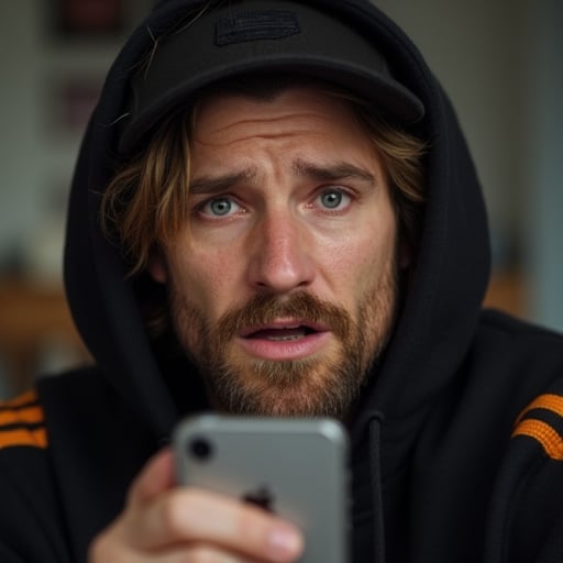 A man with fair skin and long blonde hair is looking directly at the viewer. He has a full beard, A white male with short brown hair is wearing a black hooded sweatshirt with orange and yellow stripes on the arms and a black baseball cap. He is looking at the camera with a surprised expression. He is holding a silver smartphone in front of him. Behind him, with a light amount of dark eyeshadow. The background is blurred, A close up portrait of a young woman with dark brown skin, A white woman with long brown hair and a worried expression on her face. She has a few scratches across her forehead