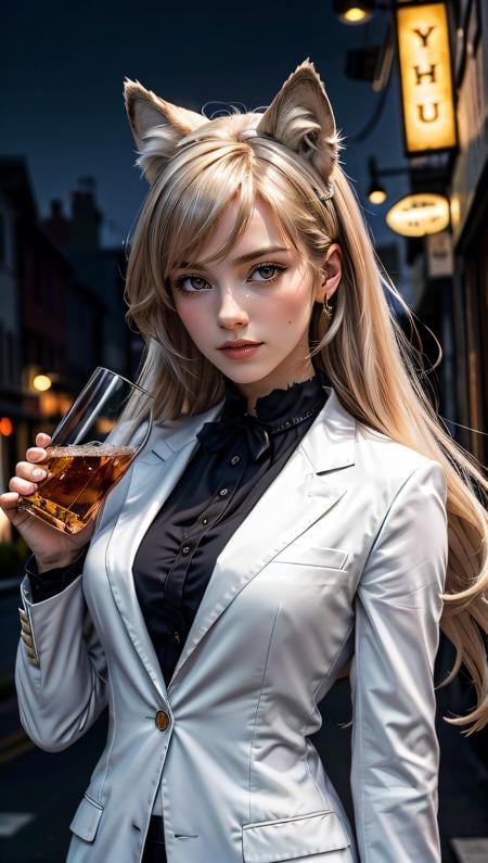 (best quality, masterpiece, hyper realism), ultra realistic upper body photo, 1 anthropomorphic wolf, in really elegant suit (ultra high textures) drinking a glass of whiskey, award winning photography, werewolf in a city, ultra high details, dim light, dawn, bokeh background,