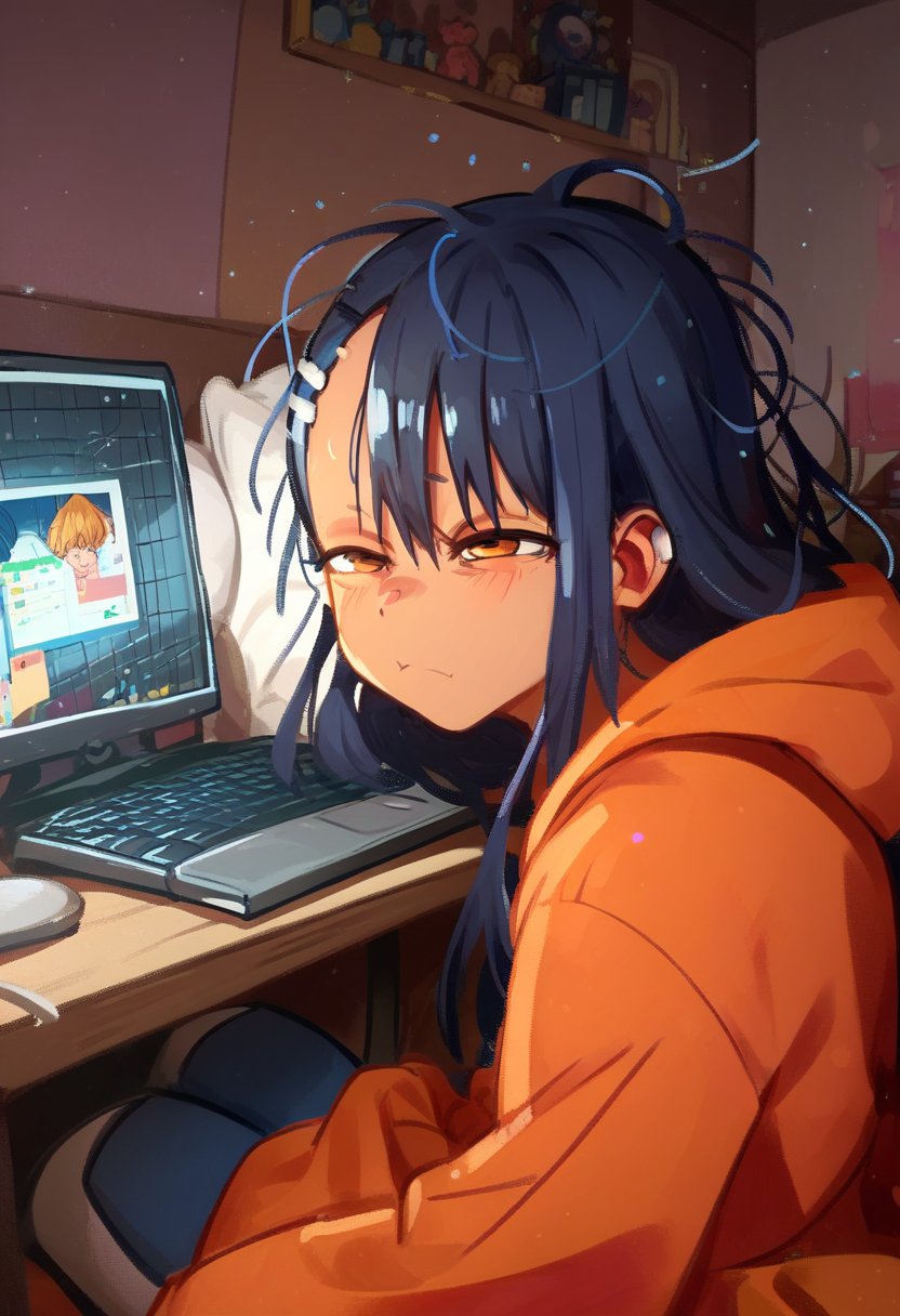 score_9, score_8_up, score_7_up, score_6_up, night, nagatoro hayase, hoodie, half-closed eyes, screen light, dark background, dark room, messy hair, indoors, bedroom, table, keyboard (computer), closed mouth, side view,