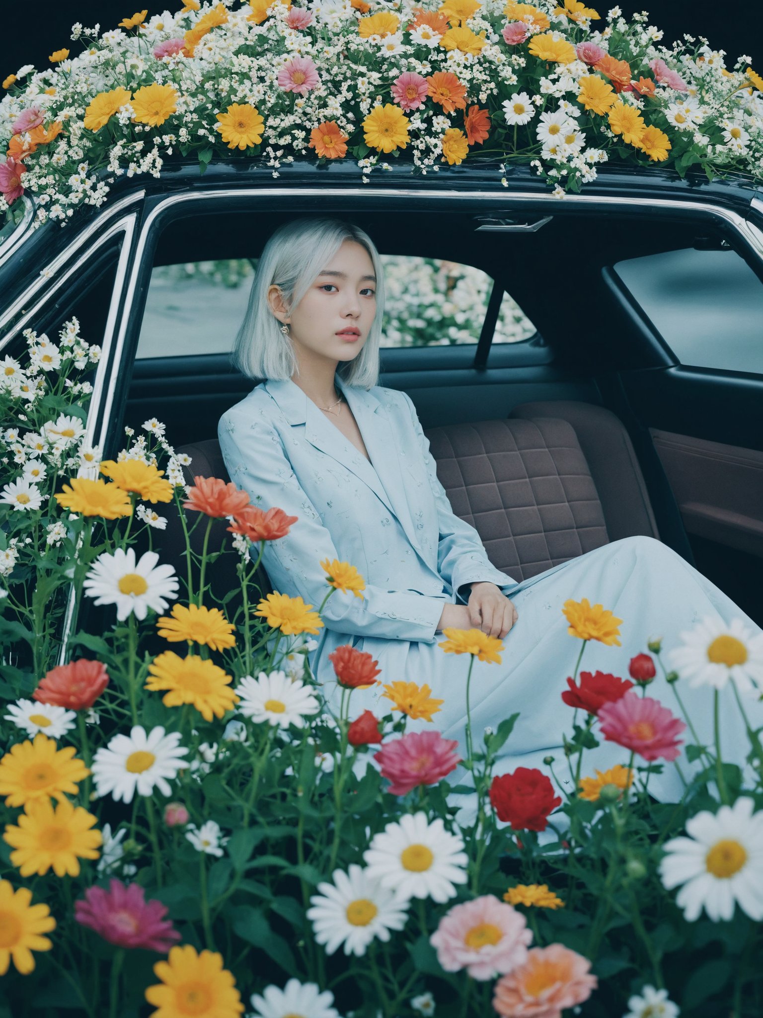 1girl,A young girl with white hair sitting in car filled with flowers,art by Rinko Kawauchi,in the styleof naturalistic poses,vacation dadcore,youth fulenergy,a coolexpression,body extensions,flowers in the sky,analog film,super detail,dreamy lofiphotography,(colourful),covered in flowers anovines,(Inside view),shot on fuiifilm XT4,Inside car,colourful_flower,a large number of flowers grow inside the car,a scene full of illusions,