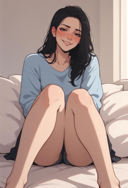 score_8_up, [realistic, ::0.15] woman, seductive, suggestive, teasing, smile,  black hair, blush, sitting, legs