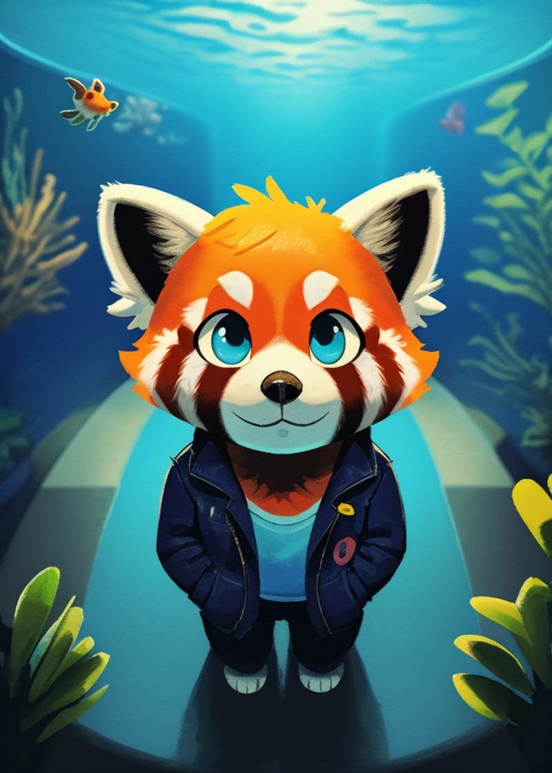 (by Velveteksotica, by Pipilotti Rist), chibi feral (red panda:1.3), jacket, pants, curious, (bust portrait, looking up, head up, high-angle view, bird's-eye view:1.2), detailed background, depth of field, ambient silhouette, BREAK, (museum, aquarium, corridor:1.25), water, plant, (blue light, yellow light, spotlight), masterpiece, best quality, light, 4k, 2k, photography