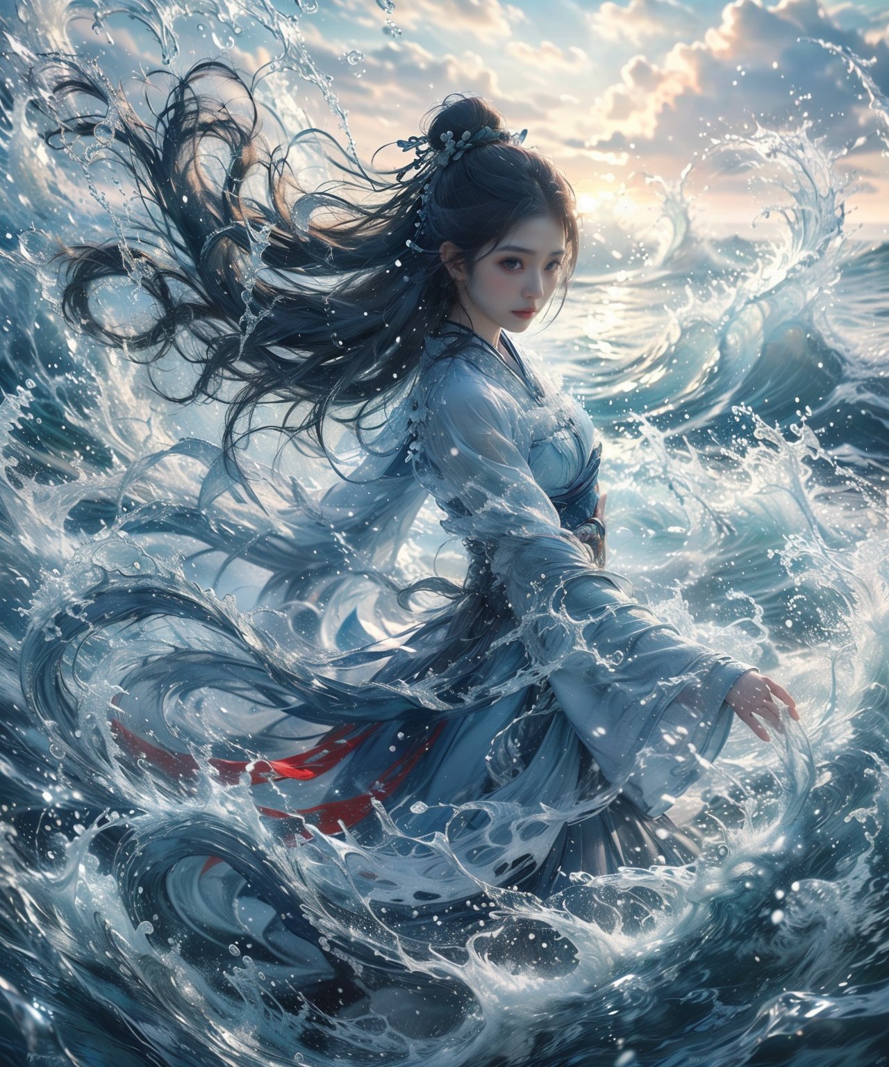 haifeisi,1girl,water,long hair,solo,black hair,waves,hair bun,chinese clothes,single hair bun,hanfu,long sleeves,blurry,jewelry,ocean,splashing,Best quality,masterpiece,ultra high res,<lora:20240122-1705924259525-0015:0.5>,<lora:GoodHands-beta2:1>,