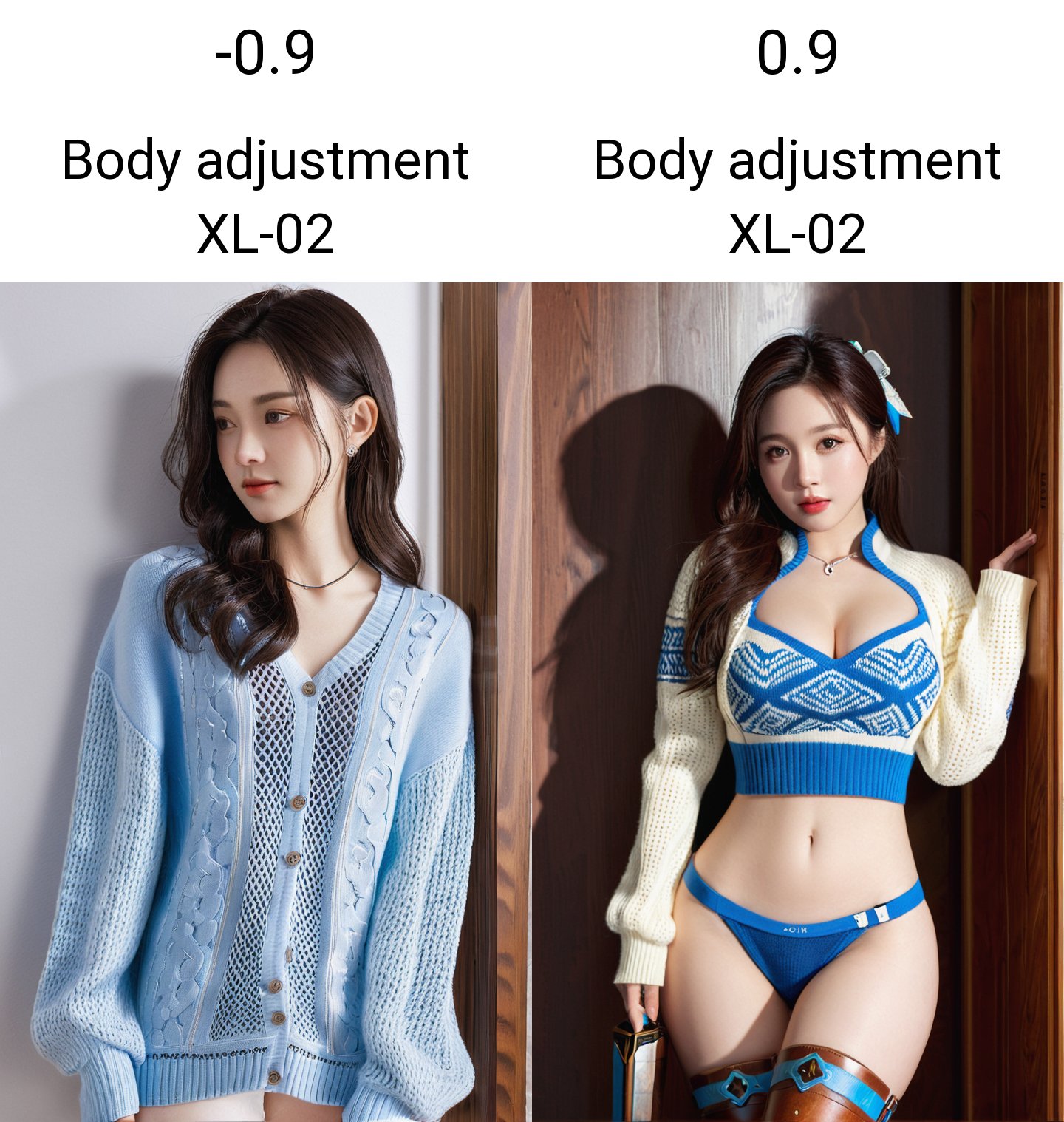 (masterpiece, best quality:1.4),finely detailed,1girl,solo,pale skin,standing,asian,(cowboy_shot:1.2), <lora:Body adjustment XL-02:-0.9>,Sweater