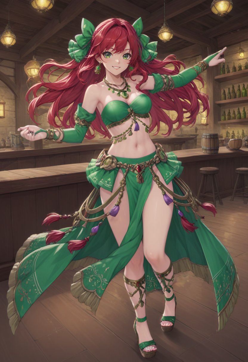 score_9, score_8_up, score_7_up, source_anime, ((1girl, solo):1.5), red hair, green eyes, tavern, on stage, long hair,BREAK full body, looking at viewer, smile, sandals, bridal gauntlets,  necklace, hair bow, bow, breasts, skirt, midriff, navel, bare shoulders, (green clothing:1.5), wedge heels  <lora:DncAf:.75> dncaf, dancing, 