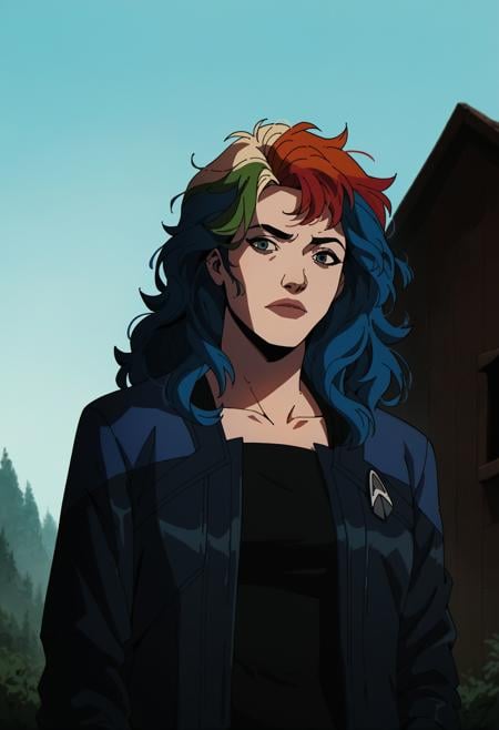 core_9, score_8_up, score_7_up ,score_6_up, 1girl,scenery,rainbow hair,asian,short messy hair,bangs,outside a cabin,pcdjck,Star trek jacket,blue shoulders,black shirt,collarbone,<lora:PicardJacketPony>