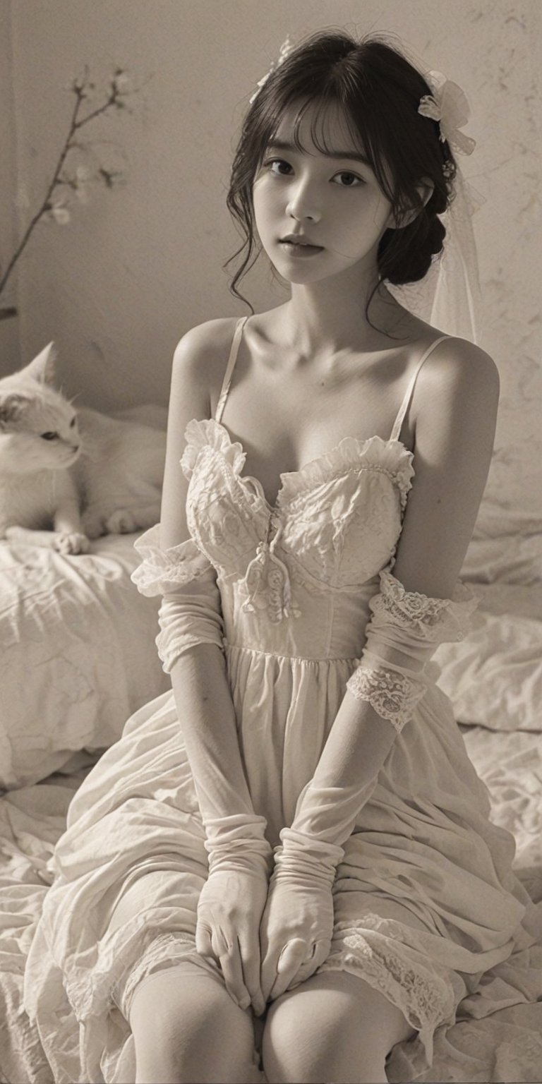 a woman in a white dress sitting on a bed,white theme,1 girl,solo,white dress,a girl in white dress with a pink bow,sitting,white gloves,soft light,a black-and-white cat,