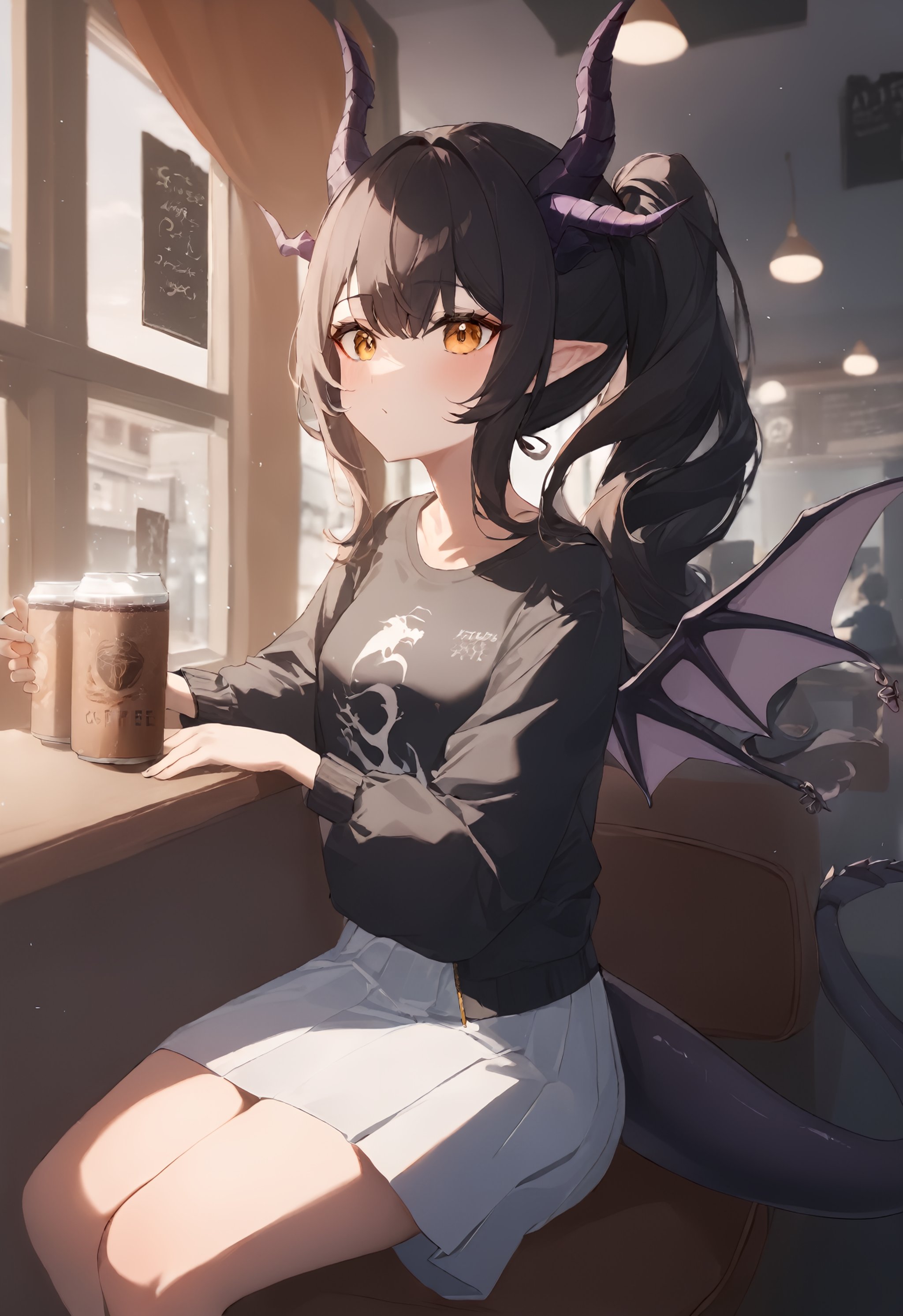 1girl, long hair, side ponytail, solo, pointy ears, window, sunlight,A charming and attractive young girl, adorned with a pair of delicate dragon wings and a sleek dragon tail, is seated comfortably in a seat within the cozy atmosphere of a bustling coffee shop. She is dressed in a trendy and stylish outfit consisting of a fashionable jacket, a comfortable T-shirt, and a graceful skirt, exuding a sense of confidence and fashion-forwardness. As she sits surrounded by the lively atmosphere of the coffee shop, one can't help but be struck by her unique and captivating appearance.dragon tail, dragon horns.masterpiece, best quality, absurdres, recent, newest, safe, sensitive