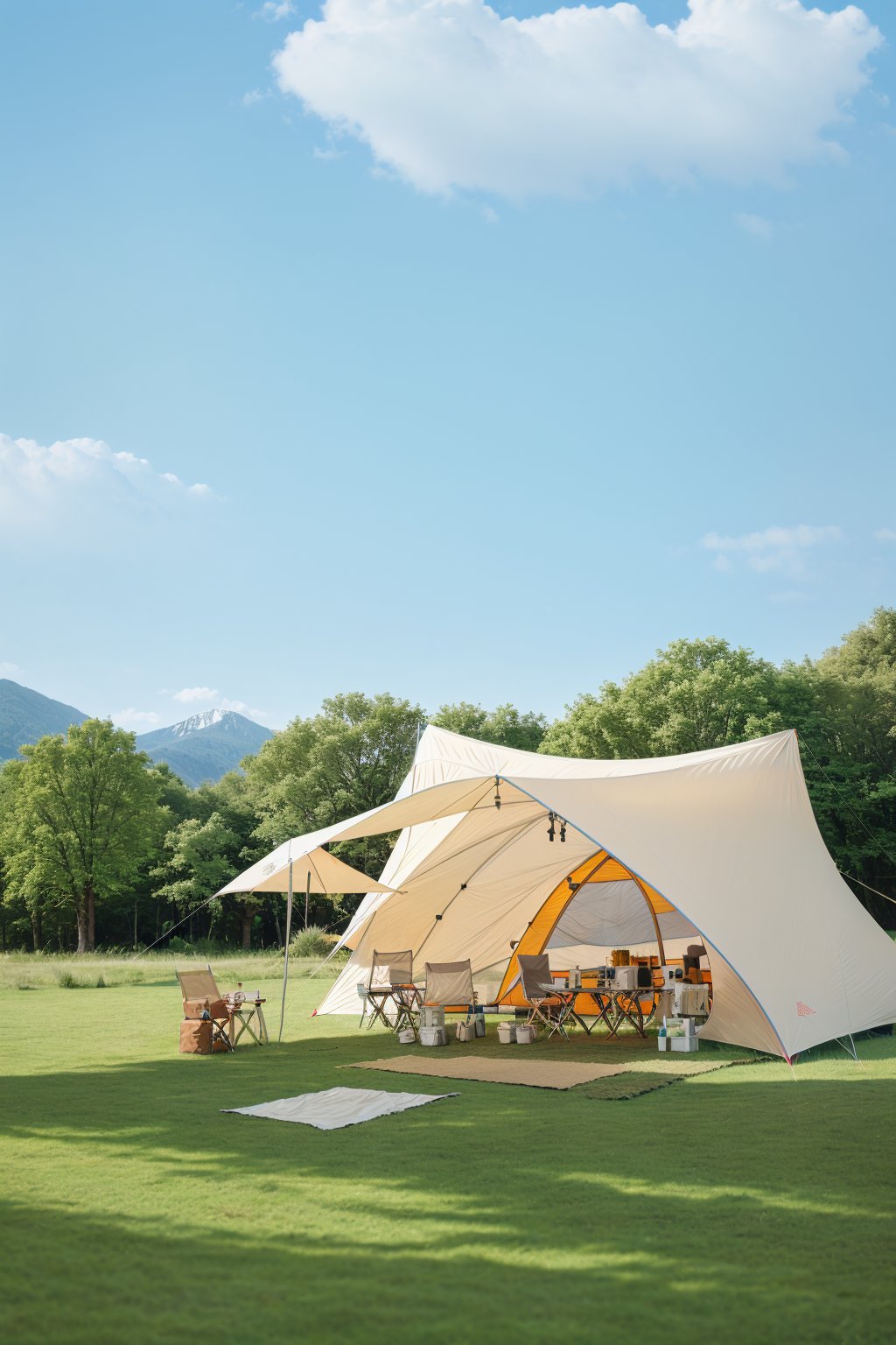 sky, landscape, tree, outdoors, grass, mountains, nature, blurred background, blue sky and white clouds, forest, horizon, lake, tent, RAW photo, high resolution, ultra fine section, high detail RAW color photo, professional photo, masterpiece, best quality, RV, stool,