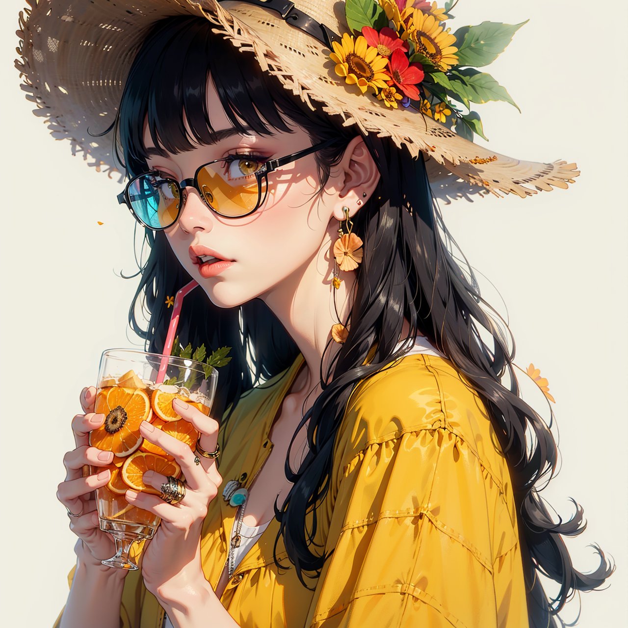 1girl, solo, starfish, seashell, shell, flower, hat, hair ornament, jewelry, straw hat, looking at viewer, sunglasses, hat flower, drinking straw, hairclip, earrings, red flower, tinted eyewear, yellow flower, bangs, english text, multicolored hair, orange flower, black hair, ring, cup, long hair, orange-tinted eyewear, food, brown hair, portrait, shell hair ornament ,