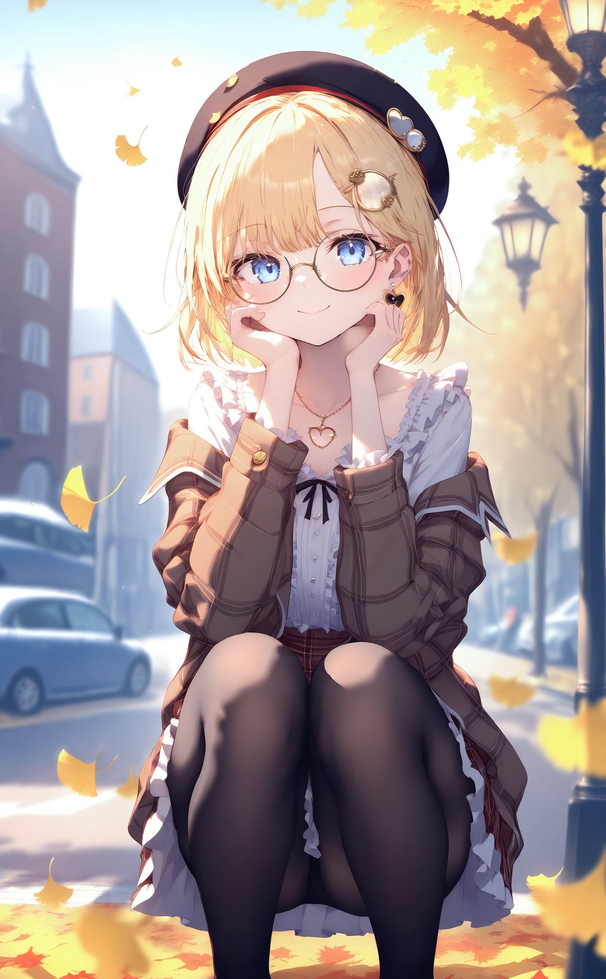 masterpiece,best quality,high quality,(colorful),nai3 Style,loli,blonde hair,pantyhose,jewelry,blue eyes,virtual youtuber,lamppost,necklace,heart,hat,smile,outdoors,looking at viewer,glasses,round eyewear,hair ornament,watson amelia,1girl,squatting,motor vehicle,earrings,beret,black headwear,solo focus,car,heart necklace,short hair,official alternate hairstyle,heart earrings,jacket,day,bob cut,closed mouth,off shoulder,frills,black pantyhose,plaid jacket,ginkgo leaf,brown jacket,building,autumn leaves,shirt,long sleeves,white shirt,plaid,tree,hands on own face,open clothes,collarbone,hands on own cheeks,blush,frilled shirt,autumn,feet out of frame,blurry background,street,head rest,solo,official alternate costume,