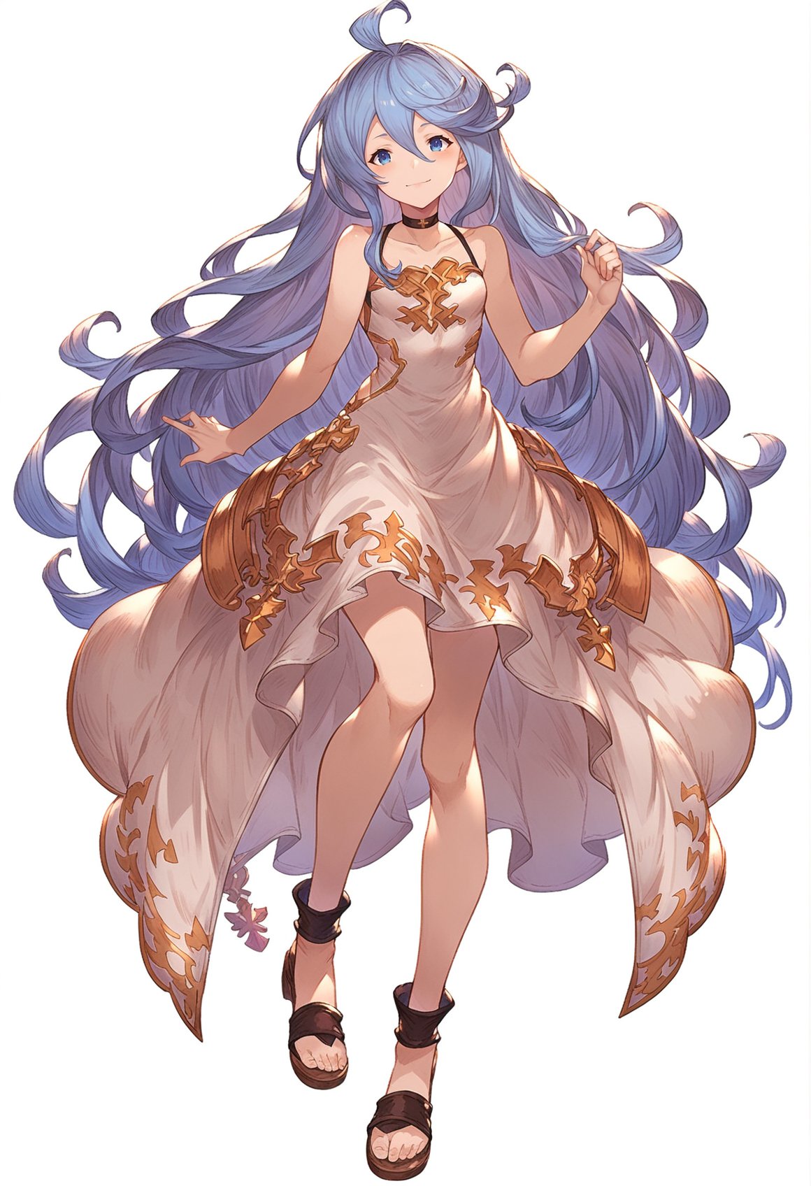 score_9, score_8_up, score_7_up, score_6_up, masterpeice, BREAKsource anime, granblue_fantasy_style_xl, granblue, 1girl, lyria (granblue fantasy), solo, long hair, dress, blue eyes, light blue hair, full body, very long hair, smile, ahoge, white dress, short dress, choker, looking at viewer, sandals, bare shoulders<lora:granblue_fantasy_style_pony:1> 