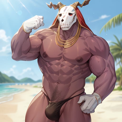 <lora:EliasAinsworth v1:1> EliasAinsworth, white gloves, speedo at a beach