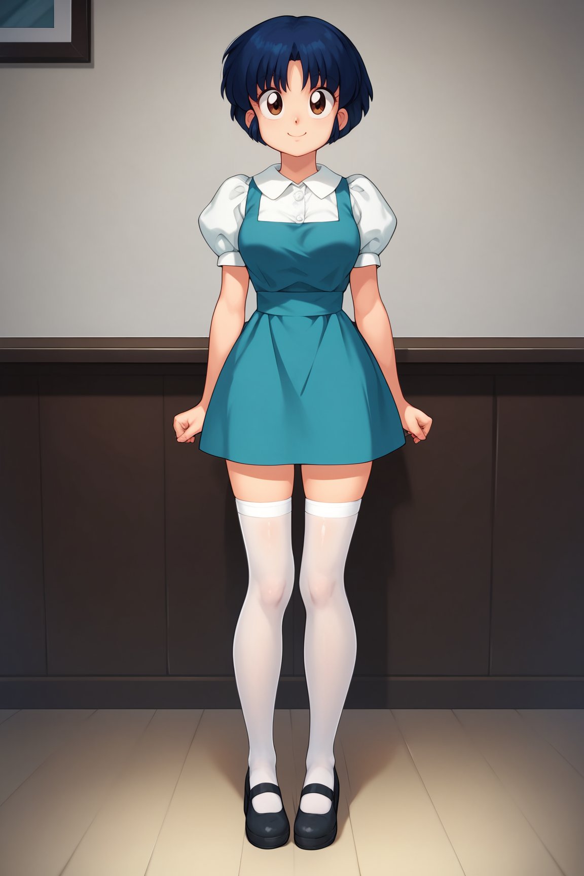 score_9, score_8_up, score_7_up, score_6_up, score_5_up, score_4_up, AkaneTendouRXL, 18years, big eyes, brown eyes, dark blue hair, short hair, bangs, medium breasts, shirt collar, white shirt, blue dress, short sleeves, puffy sleeves, white stockings, black shoes, solo, full body, standing, seductive smile, looking at viewer, indoors <lora:AkaneTendouRXL:1>