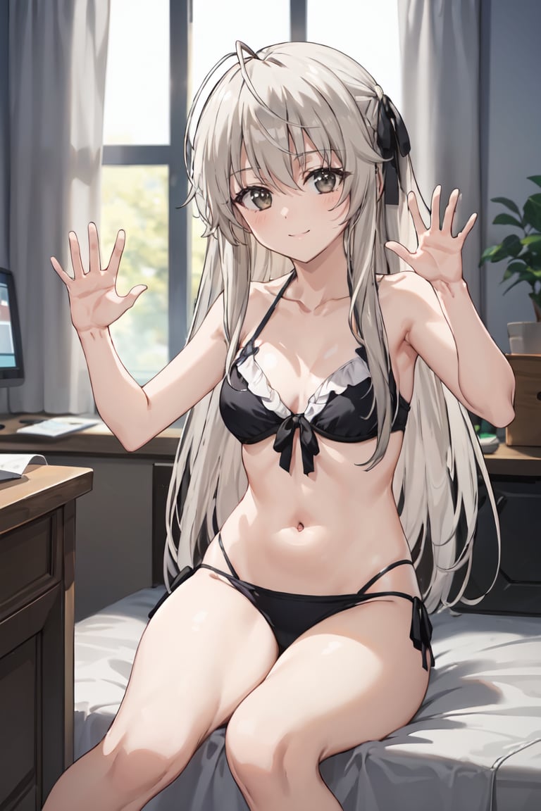 masterpiece, best quality, ultra-detailed, glistening shiny, glowing light, ray tracing, HDR, deph of field, (perfect face, detailed face),  <lora:KasuganoSora:0.7>, kasuganosora, long hair, small breasts, black hair ribbon, smile, bikini, waving, bare legs,