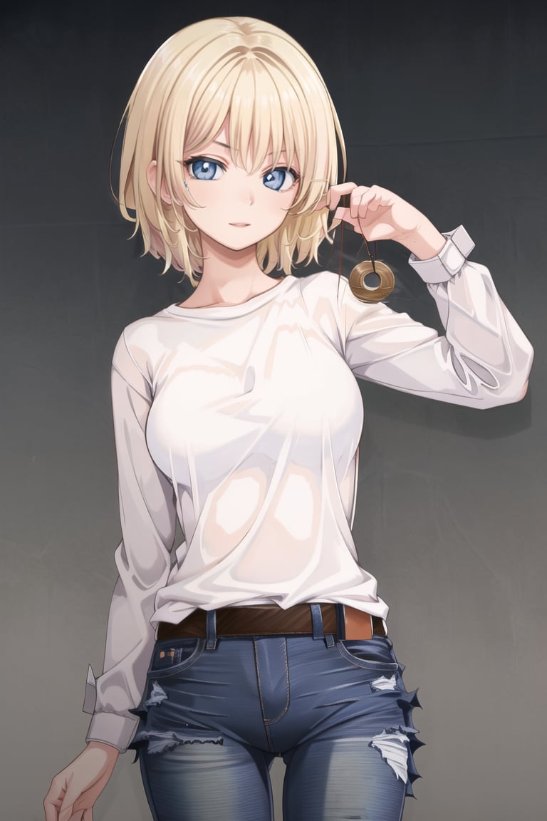 masterpiece, best quality, CG, wallpaper, HDR, high quality, high-definition, extremely detailed, hypnotizing viewer, white shirt, jeans, blonde hair, short hair, blue eyes