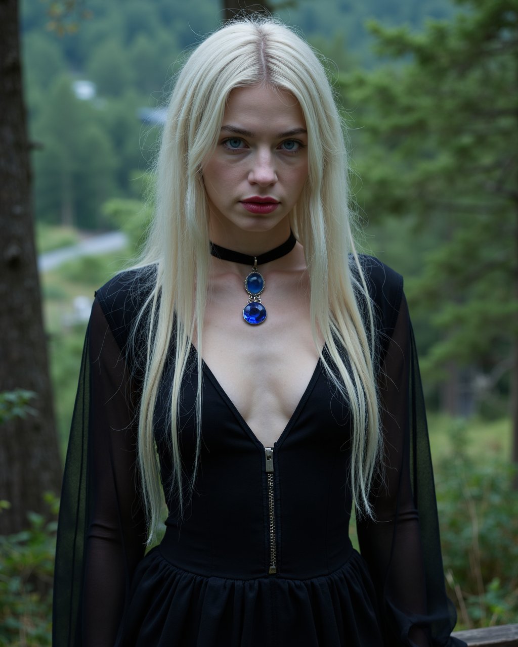 photography of a wicked cute 21 year old sorceress in medieval times looking at the camera, pale skin, long platinum blonde hair, red lipstick, choker and brilliantly glowing blue sapphire pendant, sexy black body hugging dress, deep V front with cleavage, blue glowing eyes, magic, standing atop a wizard tower in the forest