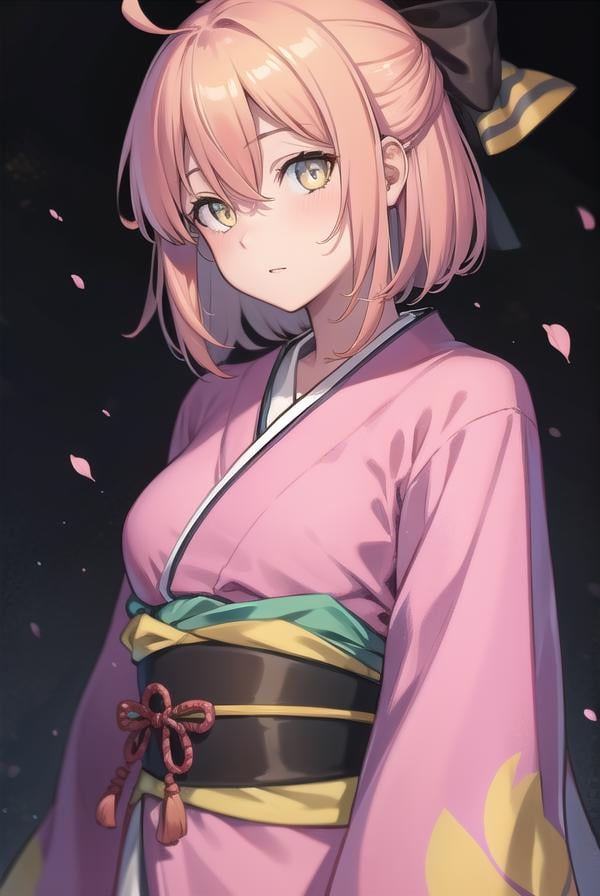 okitasouji, <lora:okitasoujitest:1>, okita souji, ahoge, black bow, pink hair, hair between eyes, hair bow, short hair, (yellow eyes:1.5),BREAK japanese clothes, kimono, sash, pink kimono,BREAK outdoors, city,BREAK looking at viewer,BREAK <lora:GoodHands-vanilla:1>, (masterpiece:1.2), best quality, high resolution, unity 8k wallpaper, (illustration:0.8), (beautiful detailed eyes:1.6), extremely detailed face, perfect lighting, extremely detailed CG, (perfect hands, perfect anatomy),