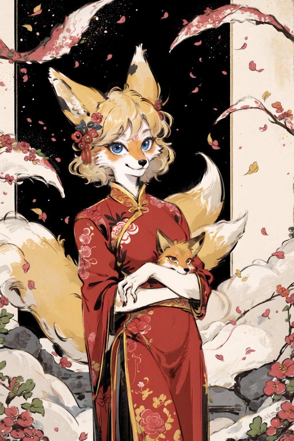 masterpiece,highres,furry fox girl,solo,blonde,chinese dress, hair ornament, anicent chinalooking at viewer, 