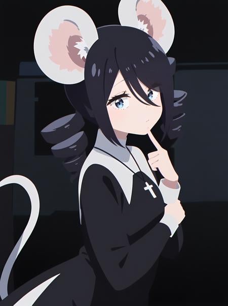 masterpiece,best quality,very aesthetic,absurdres,simple background,science fiction,chromatic aberration,night,street,bust,from side,1girl,ratkin,solo,upper body,mouse girl,white mouse ears,animal ear fluff,mouse tail,light blue eyes,black hair,swept bangs,(twin drills:1.4),(hair over ears:1.4),standing,finger to mouth,closed mouth,expressionless,looking at viewer,looking to the side,long sleeves,nun,(black slit long dress:1.2),cross necklace,brown pantyhose,no shoes,<lora:yuru平涂风_flat:1>,