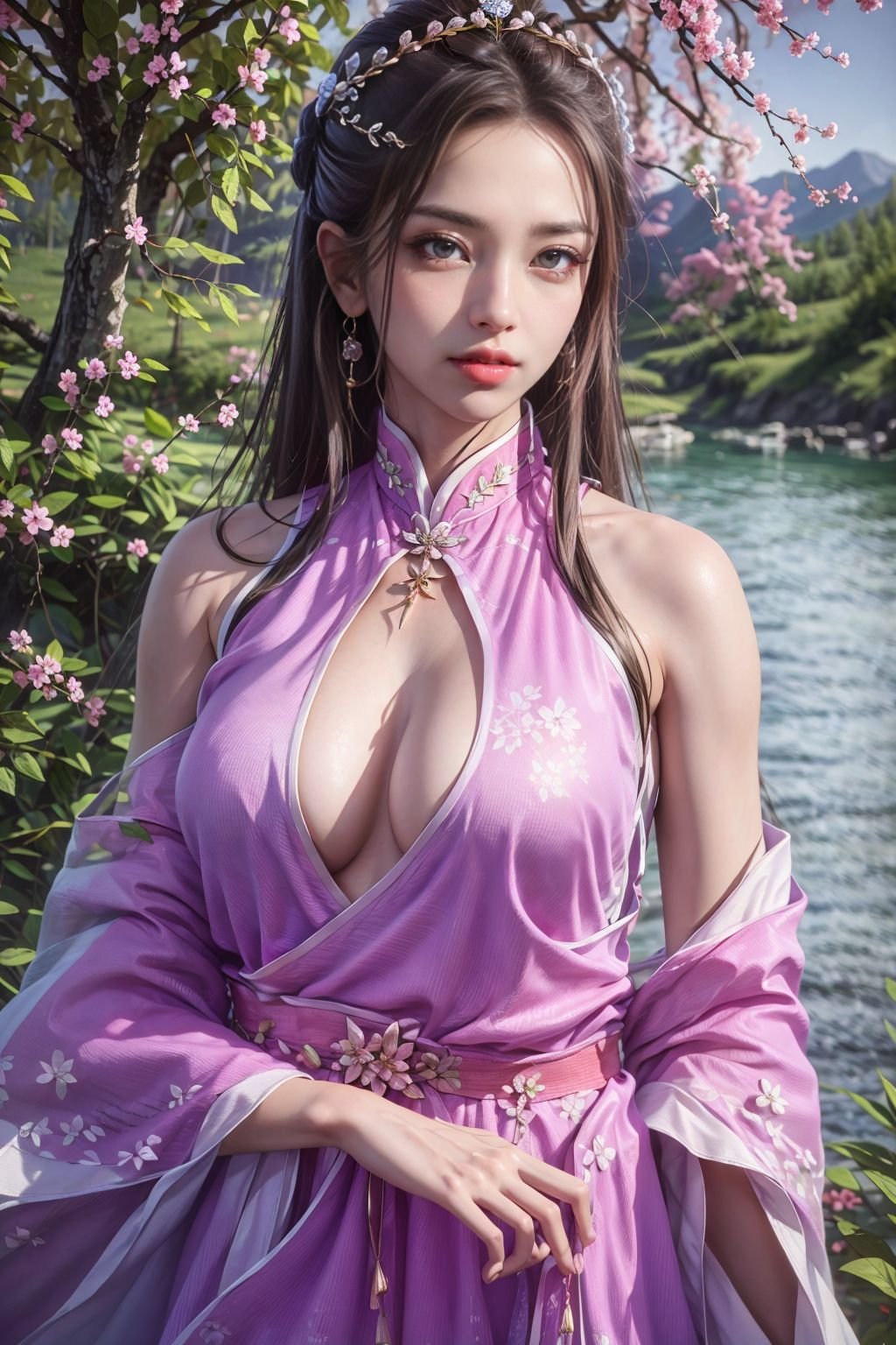 (best quality:1.3, masterpiece:1.3),realistic,(photorealistic:1.2),ultra high res,(1girl, solo),atmospheric perspective,fashi-girl detailed face,make up,(hanfu:1.2),pink lips,parted lips,closed mouth,shiny skin,(brown hair),very long hair,looking at viewer,blueeyes,earrings,slim body,perfect lighting,(front lighting),physically-based rendering,extremely detailed CG unity 8k wallpaper,lips,(china dress, dress:1.2),hair ornament,necklace,jewelry,long hair,earrings,(chinese clothes:1.2),large breasts,outdoors,water,river,Standing by the river,nature,mountain,depth of field,lens 135mm,f1.8,lens flare,floating sakura,flying butterfly,unbuttoned clothes,(upper body:2),dress,jewelry,flower,earrings,,purple dress,