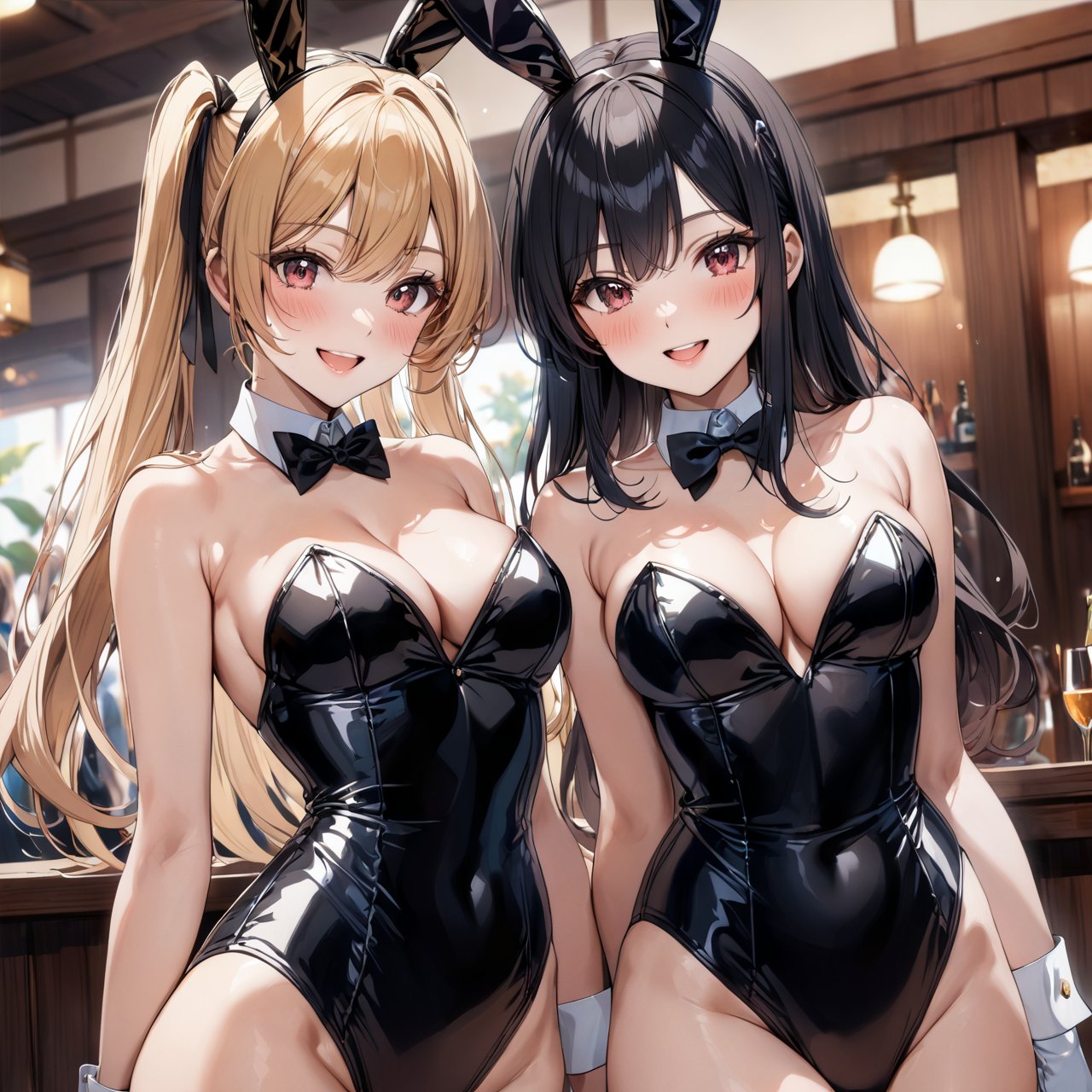 masterpiece,best quality,depth of field BREAK3girls,blonde hair,long hair,blush,black tailcoat playboy bunny,bunny,standing BREAK3girls,red hair,short hair,smile,pink playboy bunny,standing BREAK3girls,black hair, twintails,;d,gold playboy bunny,standing,