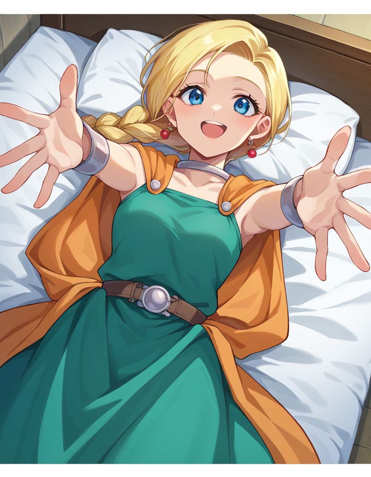 score_9, score_8_up, score_7_up, source_anime,dqbianca, <lora:dq-bianca-ponyxl-lora-nochekaiser:1>,bianca, blonde hair, blue eyes, braid, braided ponytail, long hair, smile,belt, brown belt, cape, dress, earrings, jewelry, green dress,indoors, bed, bed room, on back, arm support, arms up, incoming hug, pov, reaching, reaching towards viewer,looking at viewer, dutch angle, cowboy shot,