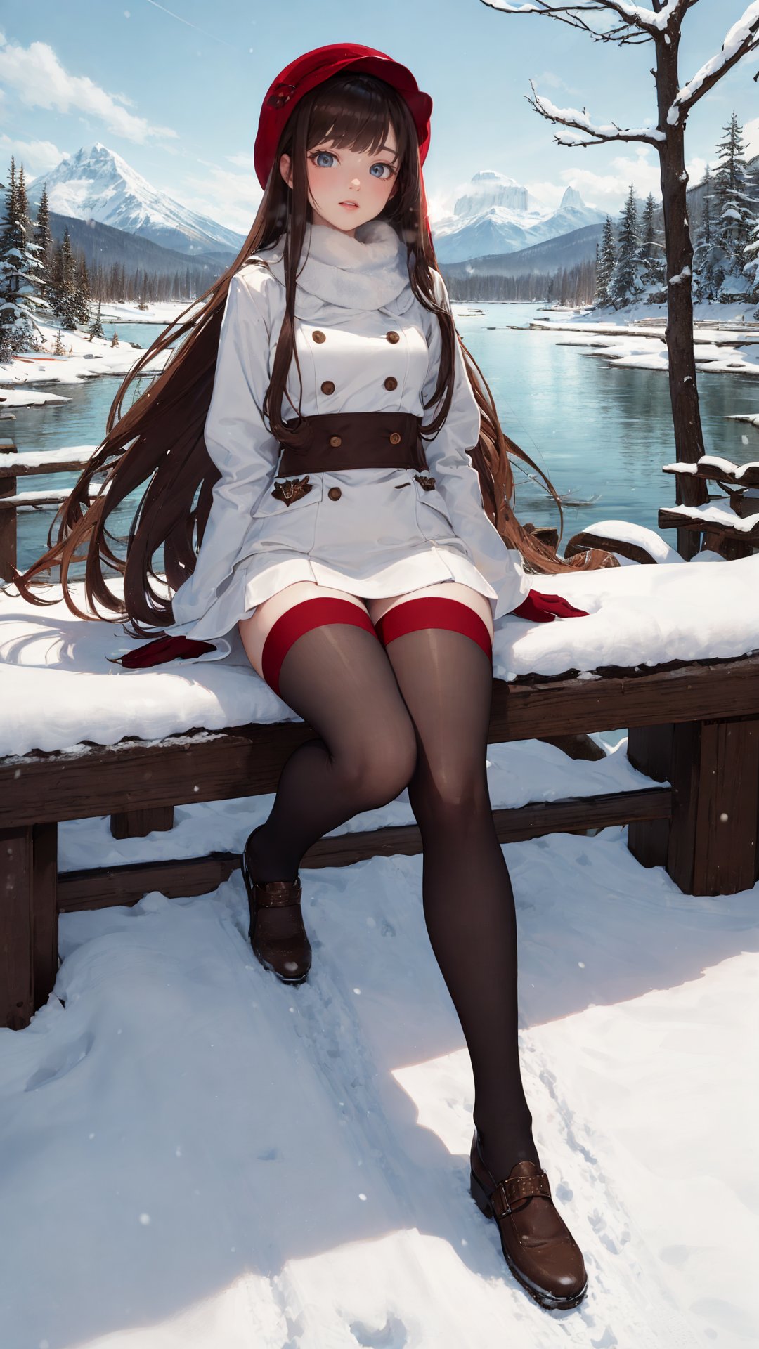 (tutututu:1.3), (red edge thighhighs), (red edge stockings),masterpiece, best quality, winter, snow field, 1girl, bangs, blue eyes, blunt bangs, bonnet, brown footwear, brown hair,  frills, fruit, full body, hat, long hair,looking at viewer, shoes, sitting, solo, sky, sun, mountain, forest, lake, <lora:tutuhb_00004:0.75>