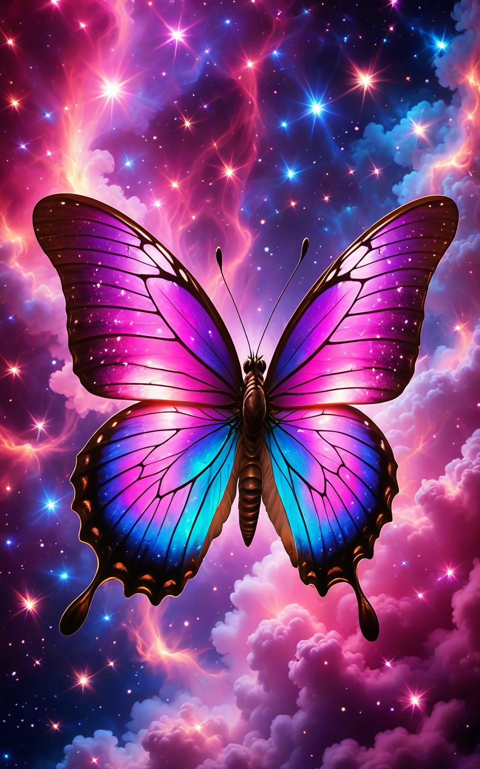(best quality, 4K, 8K, high-resolution, masterpiece), ultra-detailed, realistic, photorealistic, ethereal butterfly, cosmic background, shimmering stars, nebula clouds, purple and pink color scheme, glowing wings, sparkling particles, magical atmosphere, dynamic lighting, high contrast, detailed wing texture, celestial ambiance, high detail, high resolution, mesmerizing visuals, cosmic butterfly, starry sky, nebula, vibrant colors, delicate details.