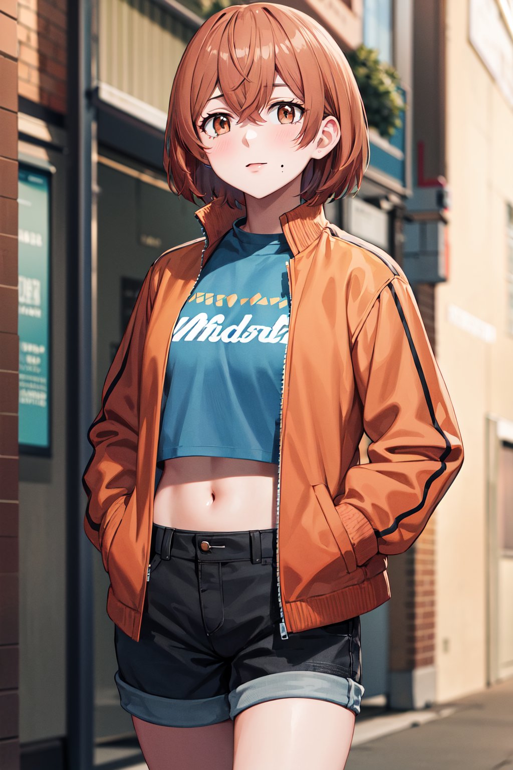 masterpiece, best quality, highres, 1girl, solo, short hair, brown hair, brown eyes, mole, <lora:tachibana_hinata_v1:0.7>, cropped jacket, midriff, hands in pockets, street, walking, cowboy shot, 