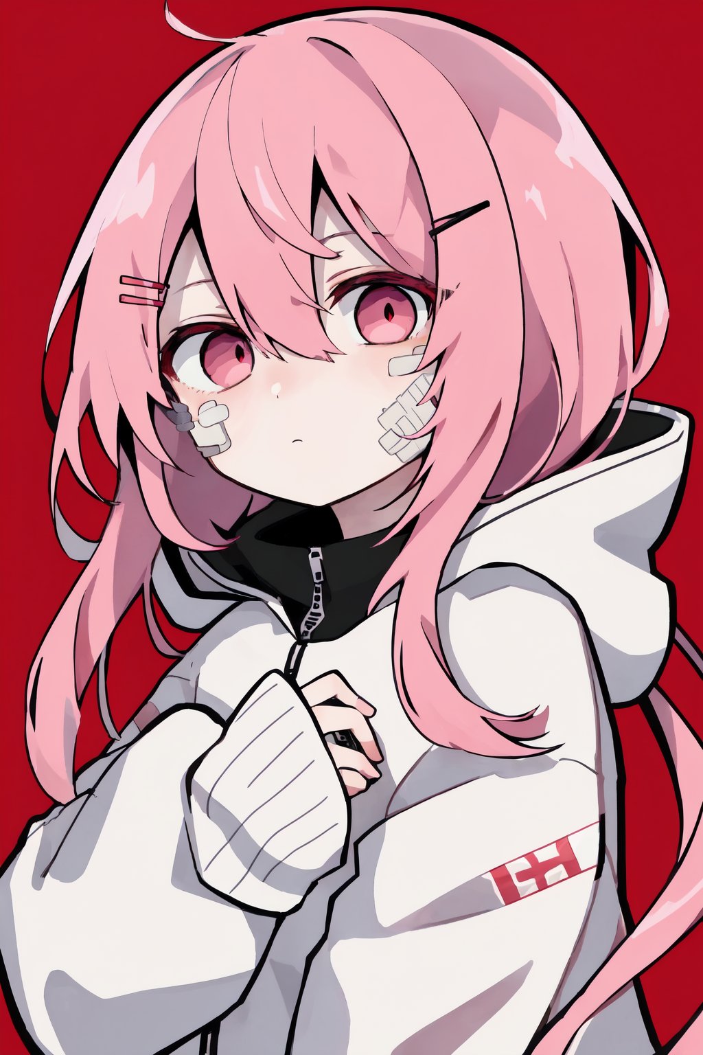 1girl,solo,hair ornament,pink hair,bandaid,looking at viewer,red background,hairclip,long hair,closed mouth,long sleeves,hair between eyes,pink eyes,bangs,simple background,x hair ornament,upper body,red eyes,sleeves past wrists,jacket,hood,bandaid on face,chibi,so-style,