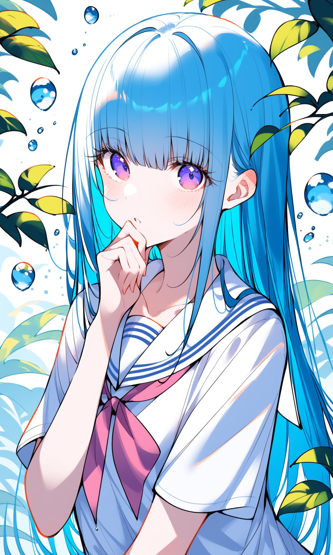 1girl, solo, looking at viewer, water drop, leaf, bangs, blush, purple eyes, hand up, upper body, parted lips, long hair, branch, shirt, ribbon, blue hair, short sleeves, collarbone, school uniform, white sailor collar, plant, pink ribbon